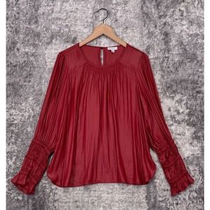 Anthropologie Blouse Large Womens Current Air Red Satin Smocked Long Sleeve